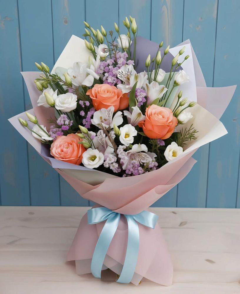 Букет цветов из: Лизиантусы, Розы, Альстромерии и Гипсофила в Карсун