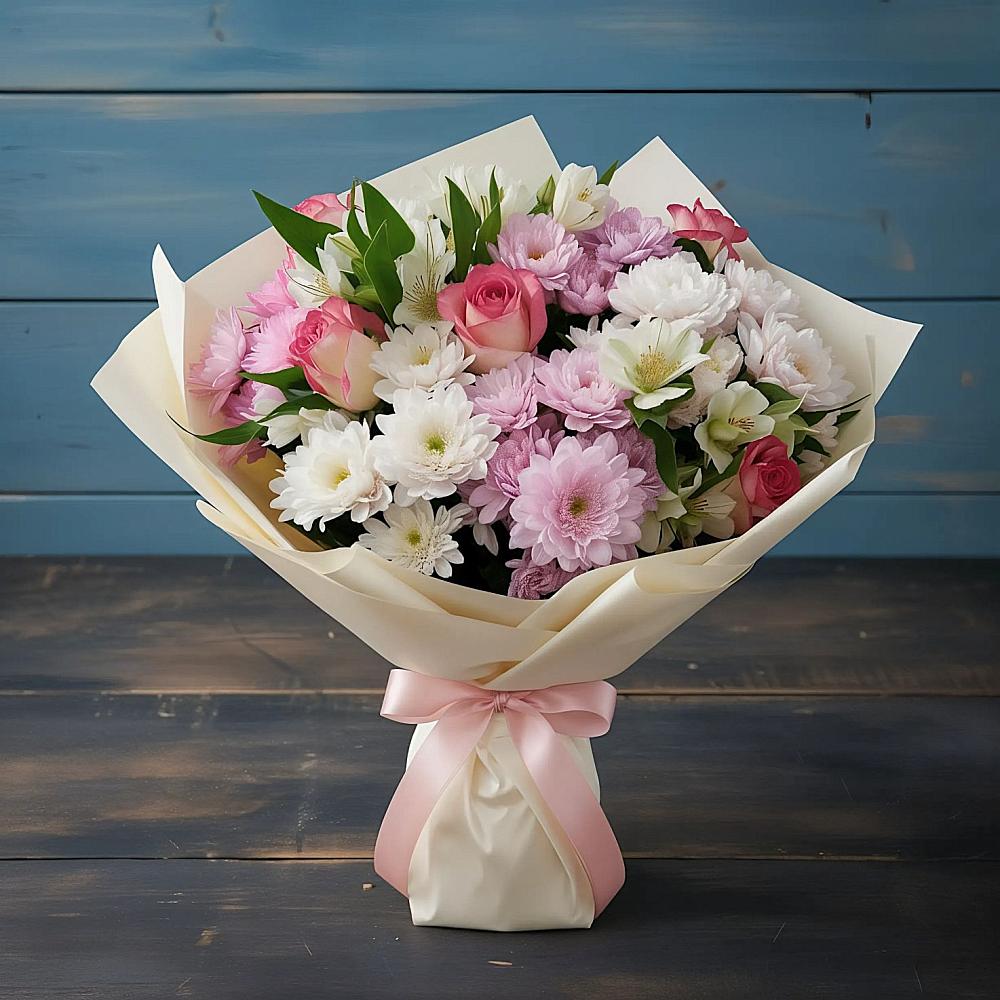 Букет цветов из: Хризантемы, Альстромерии и Розы в Карсун